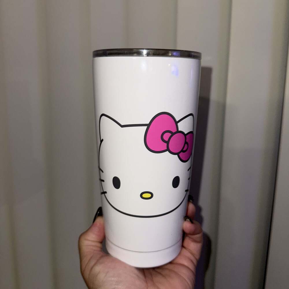 Hello Kitty Metal Tumbler Hot Cold White Pink Bow Face 20 oz